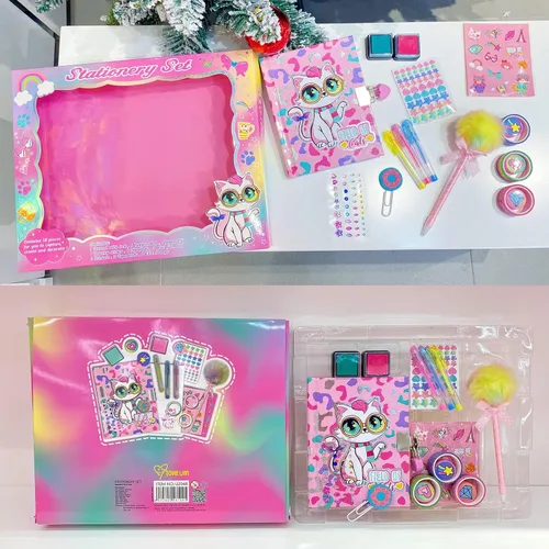 Miniatura 6 de Diario de gato para niñas con cerradura, juego de papelería de gato con diario secreto, sellos, bolígrafos, cuaderno de diario, regalos de Set