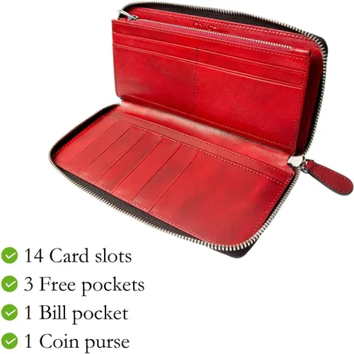 Miniatura 4 de Italy Cartera de cuero italiano de grano completo para mujer Gradation Sunburst de alta capacidad, Rojo