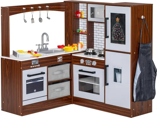 Miniatura 9 de BRINJOY Cocina de Juego de Esquina para Niños, Juego de Cocina de Madera para Niños Pequeños con Grifo, Fregadero, Microondas, Horno, Delantal, Azul