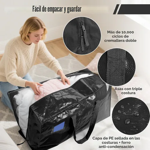 Miniatura 3 de Paquete de 6 bolsas de mudanza con cremallera lateral completamente abierta, extra grandes de 93 L, resistentes al agua, plegables para Negro