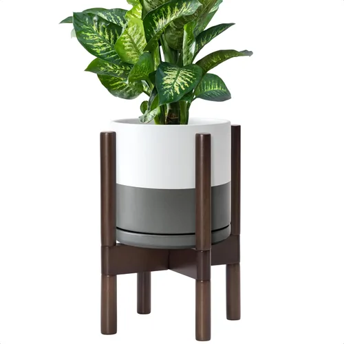 Miniatura 65 de D'vine Dev Maceta de cerámica con soporte de ébano – Maceta redonda moderna de 8 pulgadas con soporte para maceta de madera, color negro, 55-B-M-2