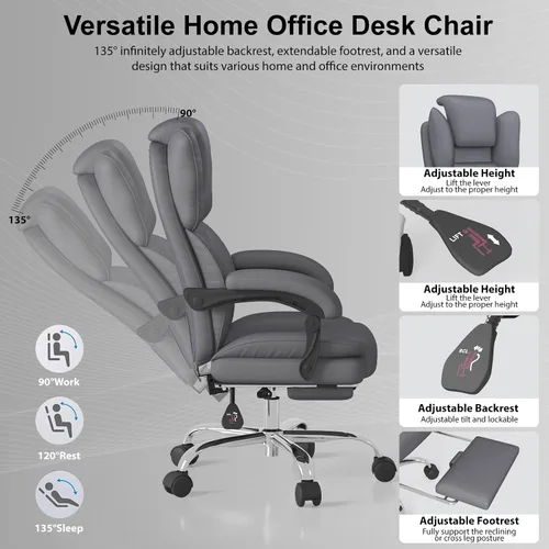 Miniatura 3 de Silla de oficina grande y alta, silla ejecutiva de escritorio de oficina en casa, silla de computadora de cuero con reposapiés retráctil