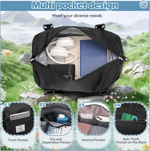 Miniatura 4 de Pequeña bolsa de gimnasio negra para mujer, elegante bolsa de viaje para avión, bolsa de lona ligera para mujeres y hombres, bolsa