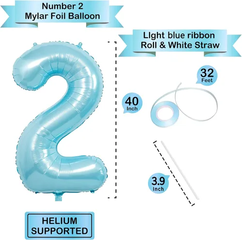 Miniatura 3 de Globo de Número Azul Claro Beeyaky, 40 Pulgadas, Decoraciones de Fiesta para Cumpleaños, Baby Shower de Niño, Boda, Unisex, Incluye 1 Globo, 1 Rollo