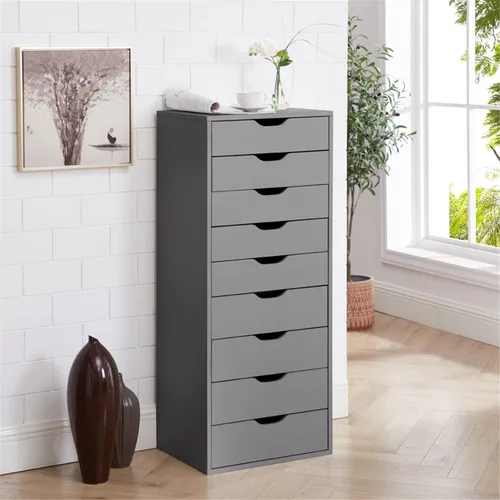 Naomi Home Bianca - Cómoda alta y estrecha de 9 cajones, gabinete de almacenamiento compacto de 13.8 pulgadas de ancho gris con cajones de