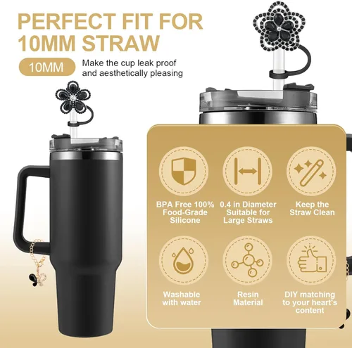 Miniatura 6 de Funda de pajita de silicona con flores brillantes para vaso Stanley de 30 y 40 oz, juego de 4 tapas de pajita de flores de diamantes coloridas y 2