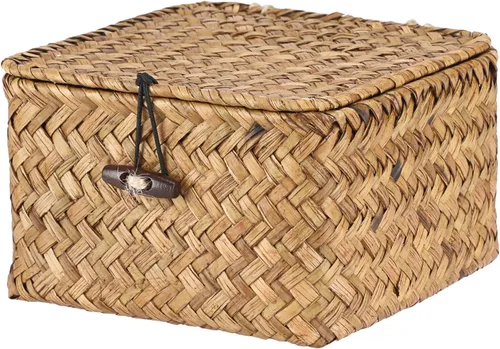 Miniatura 9 de Hipiwe Cestas de Mimbre para Estantes Contenedores con Tapa Cesta de Almacenamiento de Hierba Marina Tejida a Mano Organizador Multiusos Doméstico