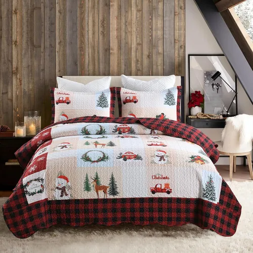 Miniatura 3 de Juego de edredón navideño de 3 piezas con estampado de reno rústico de Navidad, juego de ropa de cama (individual)