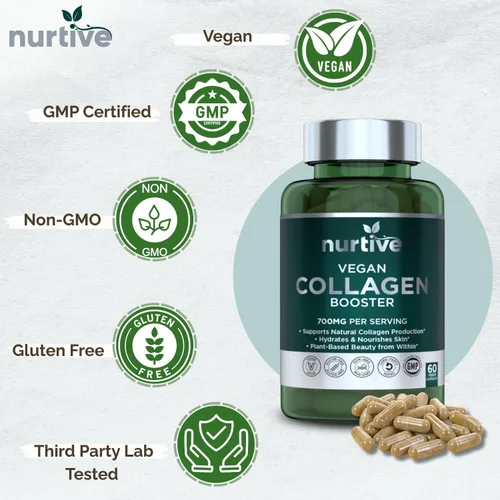 Miniatura 5 de Potenciador de colágeno a base de plantas, soporte vegano con vitamina C, aminoácidos y ácidos hialurónicos, 700 mg/porción, sin OMG, sin gluten