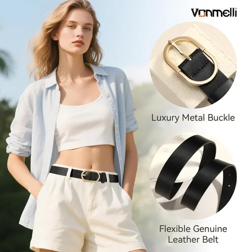 Miniatura 36 de VONMELLI Paquete de 3 cinturones de mujer para pantalones vaqueros, cinturón de vestir con hebilla dorada