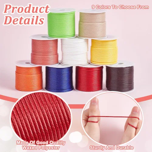 Miniatura 4 de PH PandaHall 9 colores, 11 yardas/rollo de 0.059 in de poliéster encerado, hilo de hilo de cuentas para pulseras, collares, joyas, manualidades