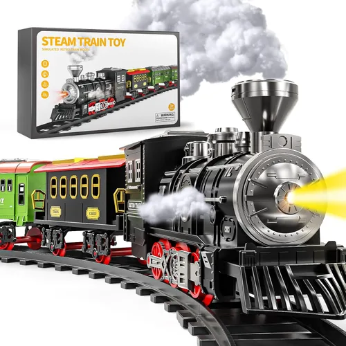 Miniatura 11 de Juego de tren para niños de 3-5 4-7, juego de juguetes clásicos de tren eléctrico con motor de locomotora, luces y sonido con vapor, rieles
