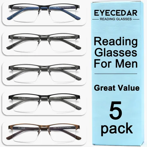 Miniatura 6 de EYECEDAR Paquete de 5 lentes de lectura con bloqueo de luz azul de alta calidad para hombre, medio marco de metal, bisagras de resorte, lectores