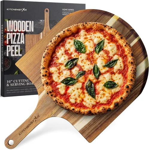 Miniatura 8 de KitchenStar Pela de pizza de madera de acacia de 14 pulgadas – Tabla grande de madera para cortar y servir con mango – Acabado de aceite natural