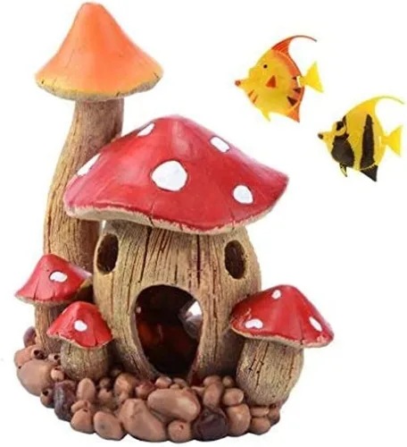 Saim Casa de hongos para acuario, decoración de pecera de resina roja con 2 peces pequeños de plástico (color aleatorio), cueva escondida para