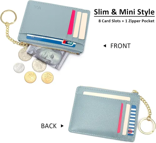 Miniatura 53 de Tarjetero delgado con bloqueo RFID, billetera de bolsillo pequeño, con cremallera Keychian para monedero, monedero y tarjetero para mujeres y hombres