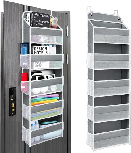 Miniatura 11 de Organizador sobre la puerta con 4 bolsillos laterales de malla, capacidad de peso de 44 libras para colgar detrás de la puerta, almacenamiento Gris