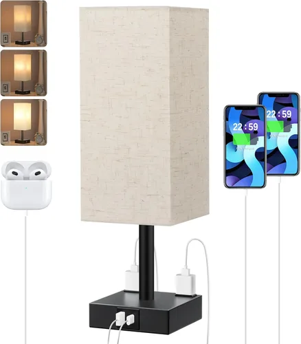 Miniatura 10 de Lámpara de mesa de noche táctil, con pantalla, puertos de carga USB C+A y salidas de CA duales, para dormitorio, sala de estar, oficina