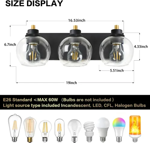 Miniatura 2 de Tuscarora Lámpara de tocador de baño de 3 luces, lámparas de baño negras y doradas, lámpara de tocador moderna con pantalla de vidrio transparente