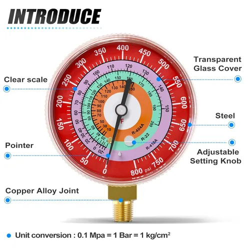 Miniatura 4 de MEANLIN MEASURE Medidor de presión de refrigeración, 1/8" NPT, 0-800Psi, 2-3/4" dial, R-404A, R-22, R-410A, grado F, con 1/4" NPT y 3/8" NPT buje