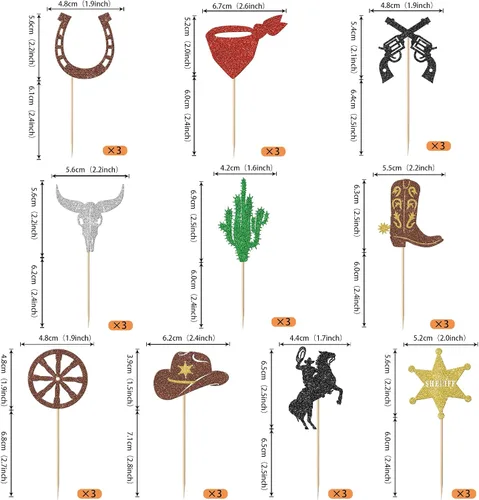 Miniatura 2 de Rsstarxi Paquete de 30 adornos de vaquero para cupcakes con purpurina para zapatos de caballo de vaquero, botas, pistola, temática occidental