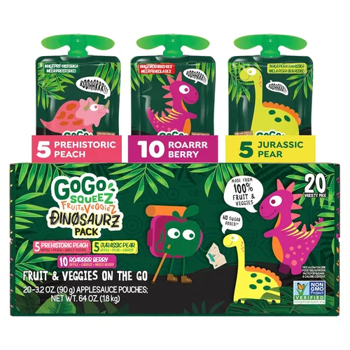 GoGo squeeZ Fruit & veggieZ Puré de Manzana y Verduras Paquete Variado, Pera Jurásica, Baya Roarrrr y Melocotón Prehistórico, 3.2 oz (Paquete de
