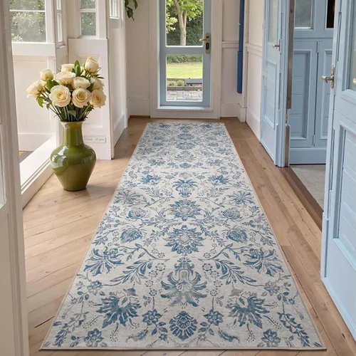 Miniatura 294 de jinchan Lima - Alfombra simétrica floral geométrica lavable, alfombra de entrada de medio círculo de 2 x 3, alfombra de media luna, suave y Azul