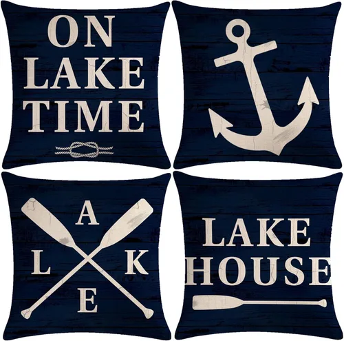 7COLORROOM Juego de 4 fundas de almohada decorativas de color azul marino, estilo vintage, para decoración de casa de lago y lago, fundas cuadradas