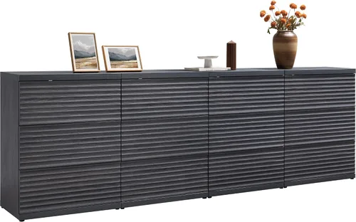 Miniatura 20 de SICOTAS Aparador buffet con almacenamiento, moderna credenza de acento acanalada con 3 cajones más grandes, mesa consola multimedia de mediados