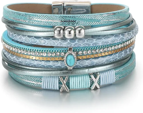 Miniatura 18 de Edoneery - Pulsera envolvente de cuero para mujer, brazalete de puño de múltiples capas hecho a mano estilo bohemio con cuentas de cristal