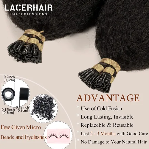 Miniatura 4 de Lacer Extensiones de cabello humano con punta en I, extensiones de cabello humano rizado lacio color negro natural, 1B de 12 pulgadas, extensiones
