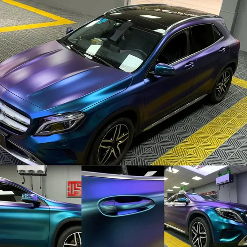Vinilo adhesivo de coche de color morado metálico brillante a azul camaleón, cinta adhesiva de película adhesiva de liberación de aire para
