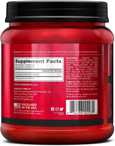 Miniatura 6 de BSN Creatina Micronizada Monohidrato en Polvo, Polvo de Creatina Sin Sabor, Micronizada, Apoya la Construcción Muscular, Apoya la Fuerza Muscular