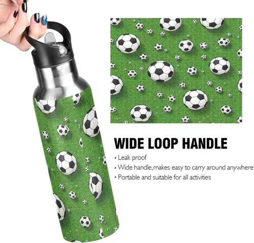 Miniatura 4 de Soccer Balls Green Insulated Stainless Steel Water Bottle with Straw 20 Oz Leakproof Water Bottles, BPA-Free Sport Water Bottle