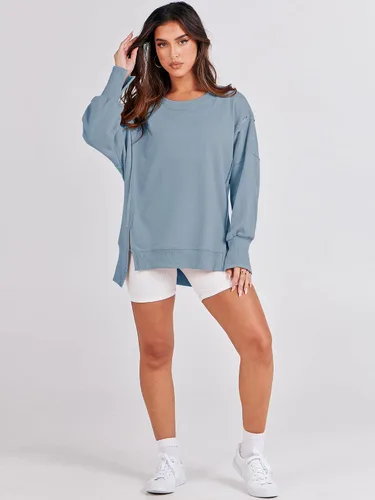 Miniatura 7 de ANRABESS Sudadera de gran tamaño para mujer, cuello redondo, manga larga, casual, con abertura, para otoño de 2024, ropa de preparación