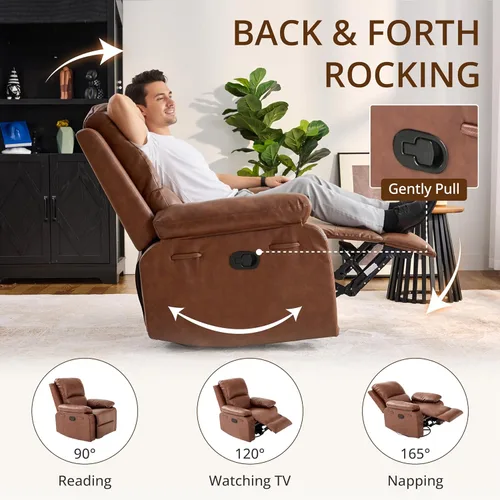 Miniatura 4 de Silla reclinable giratoria de cuero de 360° para adultos, sillón reclinable manual con cojín de resorte, sofá individual con bolsillos laterales
