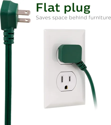 Miniatura 4 de Cable de extensión Philips, 15 pies, enchufe plano de 3 tomas, múltiples tomas de seguridad con deslizamiento, para interiores, 2 puntas, verde