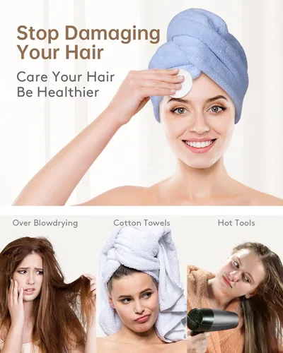 Miniatura 4 de YFONG Paquete de 3 toallas de microfibra para envolver el cabello para mujeres y niñas, toallas turbante súper absorbentes para secar el cabello