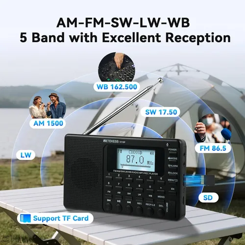 Miniatura 2 de Retekess Radio de onda corta V115, Radio Digital AM FM, receptor de onda corta con batería recargable de 1000 mAh, preajustes, reproducción