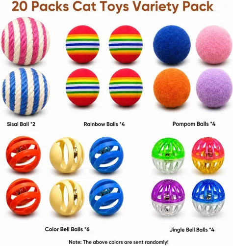 Miniatura 2 de Juguetes para gatos de interior, bolas de juguetes para gatos, paquete de 20 juguetes interactivos para gatos con cascabel colorido, cascabel, arco