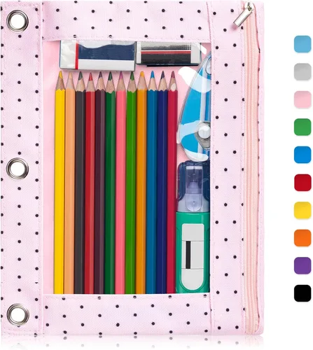 Miniatura 30 de Forvencer Estuche para lápices de 3 anillas, estuche transparente con cremallera suave, bolsa de lápices de gran capacidad con 3 ojales reforzados