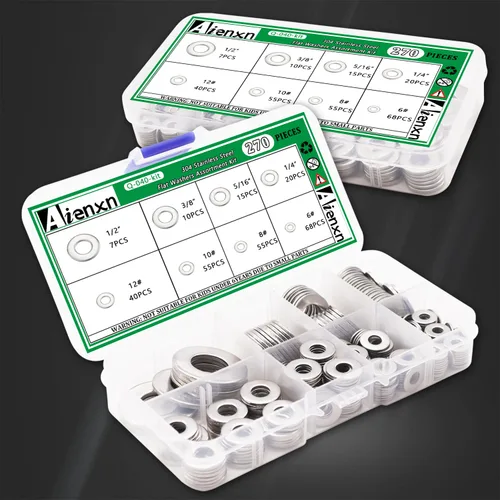 Miniatura 5 de Kit de surtido de 270 piezas de arandelas planas, 8 tamaños SAE -1/2, 3/8, 5/16, 1/4, 12#, 10#, 8#, 6#, (18-8) arandelas de acero inoxidable 304
