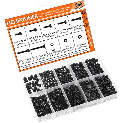 Miniatura 7 de HELIFOUNER 560 piezas M3 x 0.157 in, 0.236 in, 0.315 in, 0.394 in, 0.472 in, 0.630 in, 0.787 in, cabeza hexagonal, tornillos, arandelas, tuercas