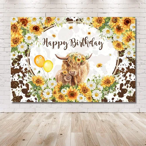 Miniatura 6 de MEHOFOND Fondo floral de cumpleaños de vacas de las tierras altas de 7 x 5 pies, ganado marrón, decoración de fiesta de feliz cumpleaños, girasoles