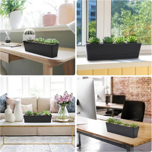 Miniatura 6 de GREANER Maceteros de hierbas de 12 x 3.8 pulgadas, 1 paquete de cajas rectangulares con bandeja, maceta de plástico para suculentas