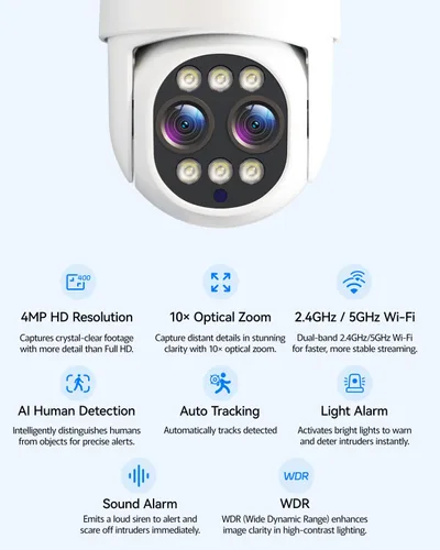 Miniatura 2 de Cámara de seguridad inalámbrica para exteriores, 4MP 10x zoom óptico de doble lente cámaras WiFi para seguridad en el hogar, vigilancia PTZ de 360°