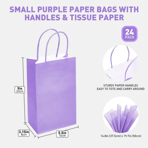 Miniatura 3 de DjinnGlory Paquete de 24 pequeñas bolsas de regalo de papel lavanda morado con asas de 9 x 5.5 x 3.15 pulgadas y 24 papel de seda para negocios