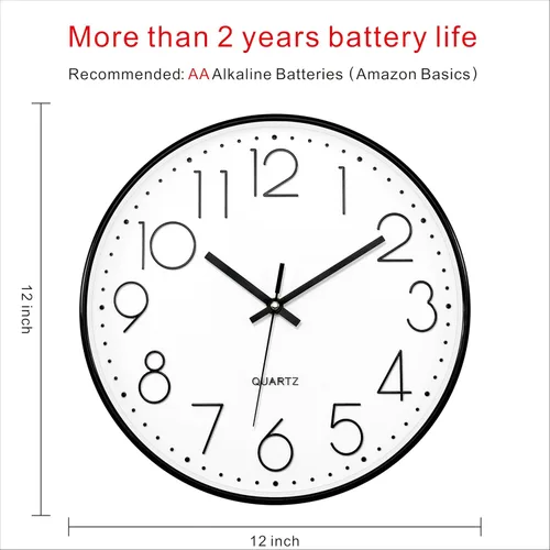 Miniatura 2 de Foxtop Reloj de pared negro de 12 pulgadas, silencioso, sin tictac, de cuarzo, funciona con pilas, reloj redondo fácil de leer para oficina, aula