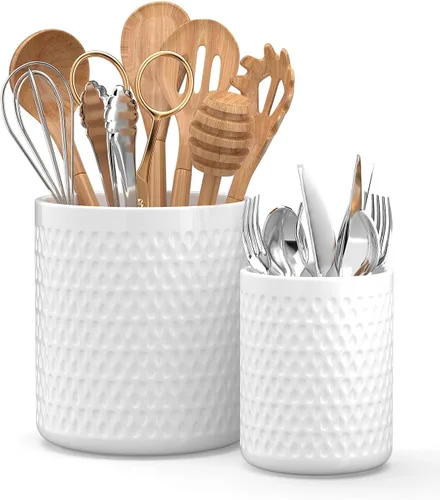 Paquete de 2 organizadores de cerámica para utensilios, soporte grande para espátula, decoración de cocina de estilo granja para cubiertos, cucharas