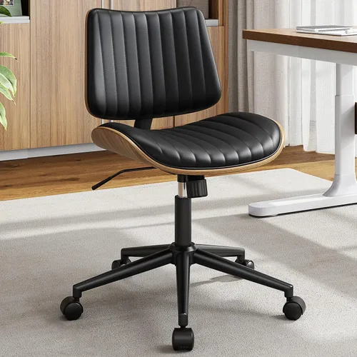 Miniatura 13 de YaFiti Silla de oficina sin brazos, silla de escritorio moderna de mediados de siglo con respaldo de madera de nogal y elevación de gas SGS nivel 3